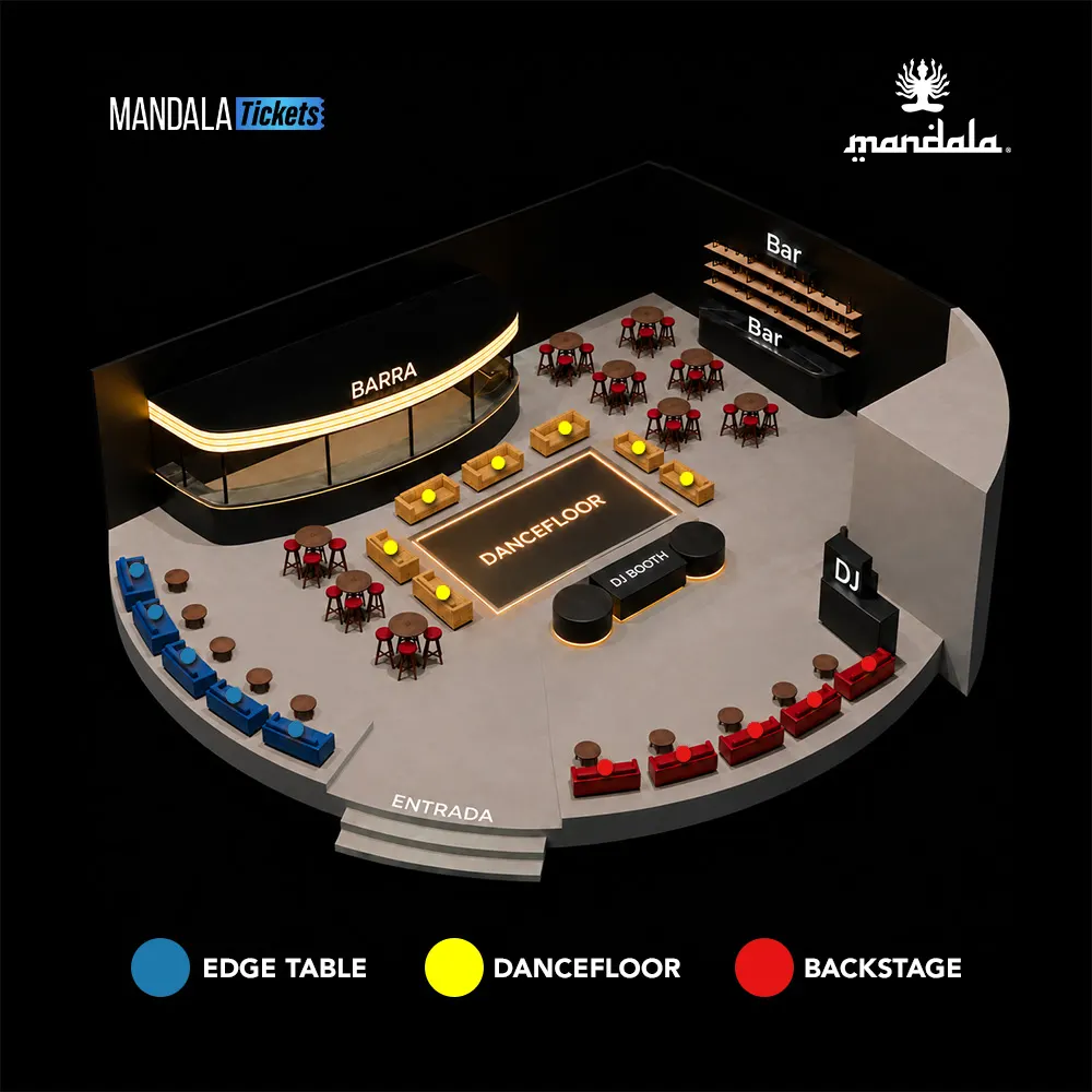Mandala Cancun 3D floor plan with bars, dance floor and VIP tables